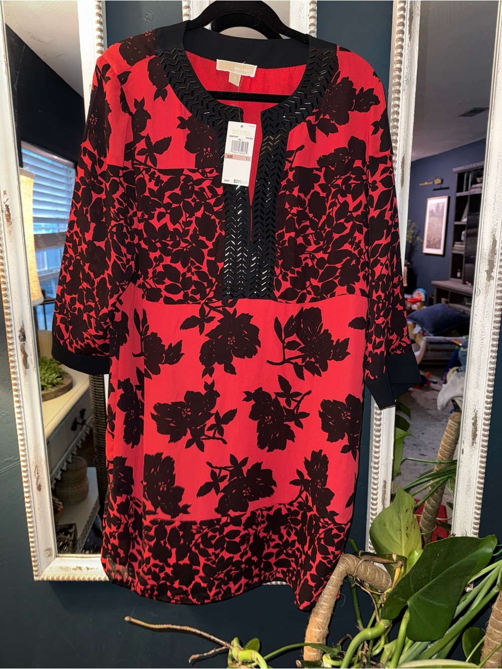 Michael Kors Red and Black Floral-Print Midi Dress